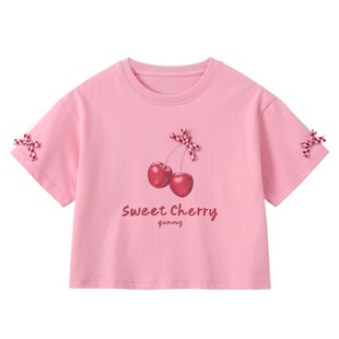 植木【樱桃信笺】亲肤透气印花T恤 女童圆领T恤 青少年26夏季新款