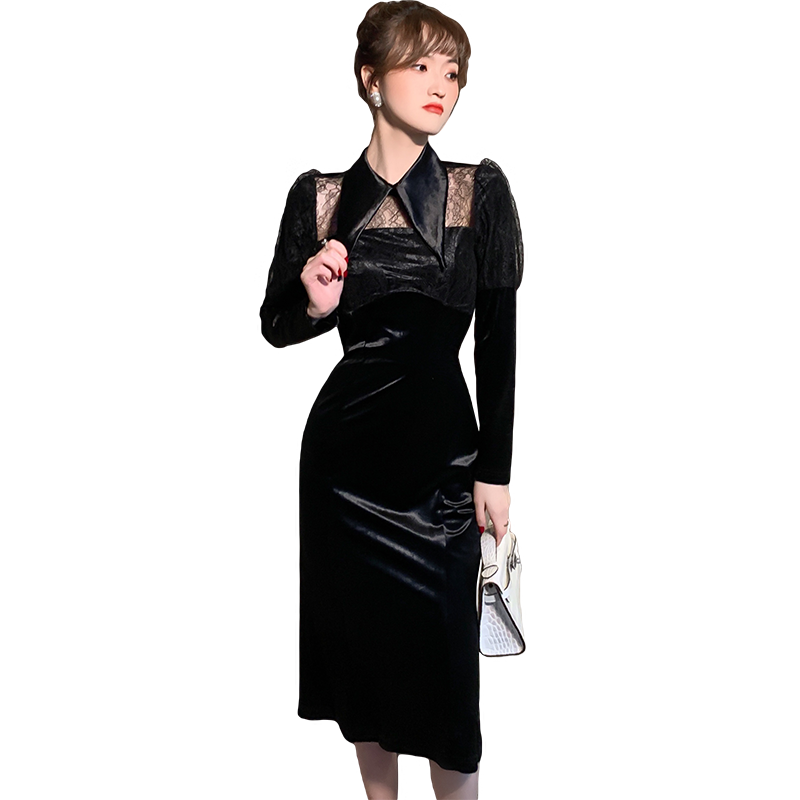 娃娃领丝绒拼接气质黑色晚礼服裙