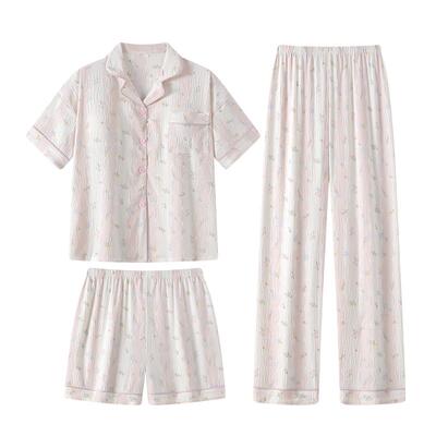 宫蝶【3件套】夏季带胸垫睡衣女休闲凉感外穿短袖长裤衬衫家居服