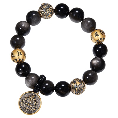 金至尊黄财神手串黄金手链男士六字真言黑曜石手串新年礼物送男友