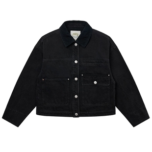 Hazzys哈吉斯牛仔夹克女春季时尚潮流宽松复古灯芯绒拼接翻领外套