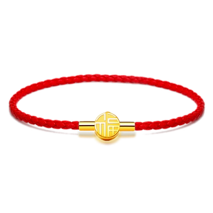 皮绳手链绳可穿黄金转运珠子手链男女生情侣款红黑串珠手绳福字扣