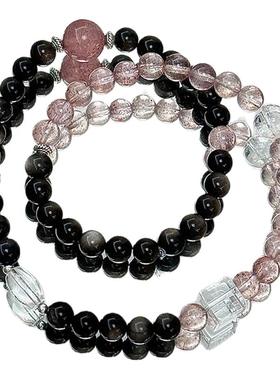 天然黑曜石手串粉水晶草莓晶手链