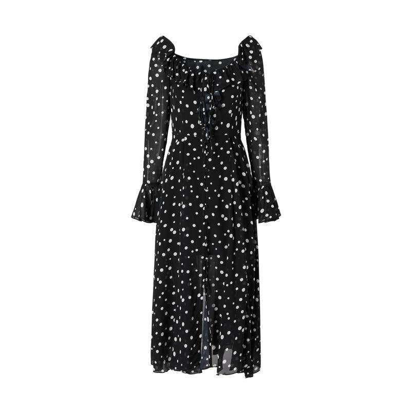 商场同款 摩萨克秋粘纤蚕丝波点印花收腰长款连衣裙女