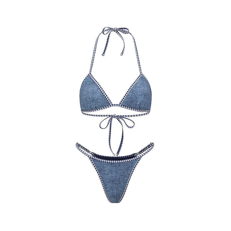 Yukari swim2026新款欧美辣妹牛仔蓝比基尼海边度假聚拢分体泳装
