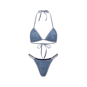 Yukari swim2026新款欧美辣妹牛仔蓝比基尼海边度假聚拢分体泳装