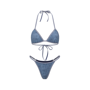 Yukari swim2026新款欧美辣妹牛仔蓝比基尼海边度假聚拢分体泳装