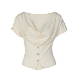 shemoda设计感时尚荡领短袖T恤女单排纽扣收腰修身显瘦辣妹短上衣