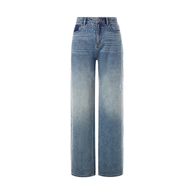 朗姿莱茵福莱尔烫钻破洞牛仔裤女