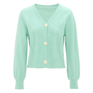 马天奴2025秋新款纯色V领单排扣扭花针织开衫短款毛衫上衣女装