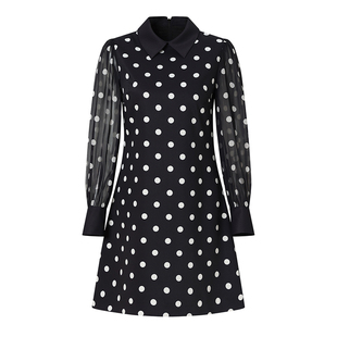 海青蓝 印花连衣裙秋冬女2025年新款高级时尚波点长袖女装裙子