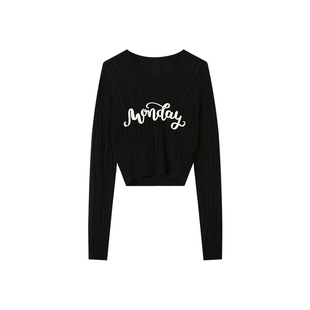 Jamor加墨时尚短款套头毛针织衫上衣毛衣V领2025秋冬季新款