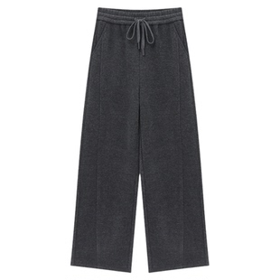 百家好灰色加绒加厚阔腿抽绳运动卫裤女冬季新款保暖休闲直筒裤子