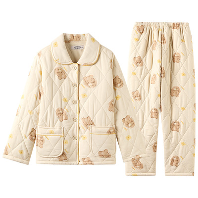 美标三层加厚夹棉纯棉睡衣套装男