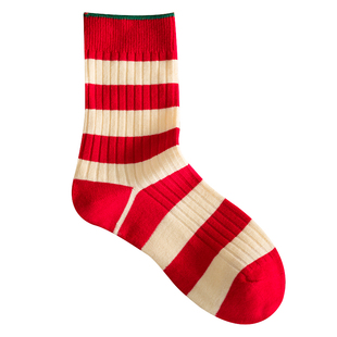 Himade日系双针黑绿撞色红色条纹情侣潮中筒袜美式拼色春夏堆堆袜