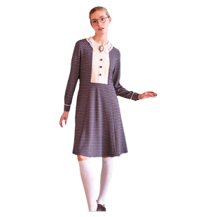 MP英伦复古原创 亚瑟怀旧波普线条撞色拼接蕾丝领连衣裙优雅学院