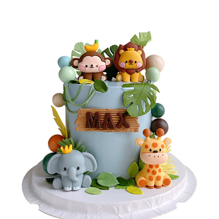 新款森林蛋糕装饰热带小动物软胶玩偶摆件狮子大象长颈鹿猴子插牌