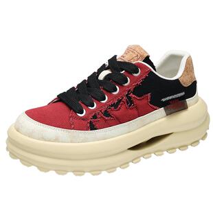 马克华菲男鞋2026新款春季低帮厚底增高板鞋男士复古布面休闲潮鞋