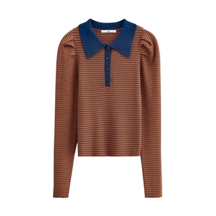 SLY 知识分子穿搭泡泡袖上衣复古条纹修身针织衫女030GAL70-3360