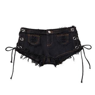 性感低腰绑带牛仔短裤女士辣妹热裤夜店百搭毛边破洞时尚绑带显瘦