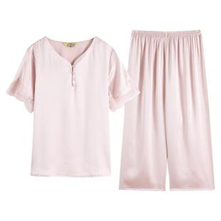 美标真丝睡衣女夏短袖19姆米100%桑蚕丝两件套装高档送礼家居服女