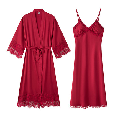 冰丝睡衣女款春秋长裙长袍两件套