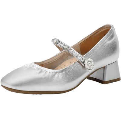 百丽法式真皮粗高跟玛丽珍鞋