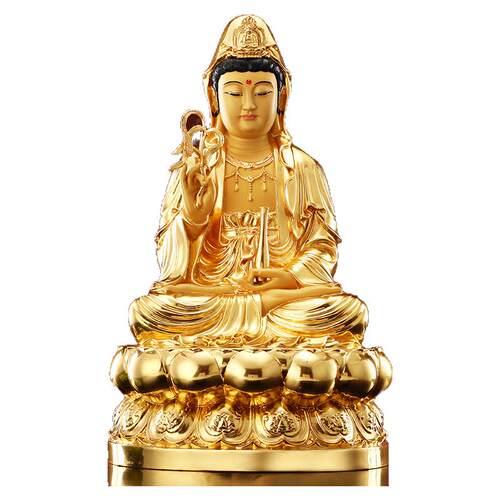 纯铜贴金南海坐莲观音佛像家用客厅供佛观世音菩萨娑婆三圣摆件