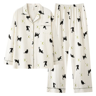 新疆棉猫咪印花白色睡衣春夏季长袖长裤可外穿女士减龄家居服套装