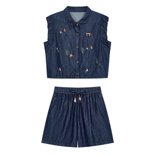 妖精的口袋刺绣小飞袖牛仔外套短裤复古两件套女25夏新遮手臂上衣