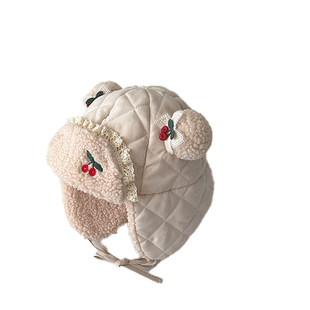 婴儿雷锋帽女童秋冬季夹棉毛绒加厚保暖护耳帽可爱樱桃宝宝套头帽