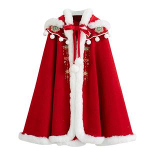 汉服女童冬款2025新款儿童冬季保暖大斗篷小女孩红色喜庆加厚披风