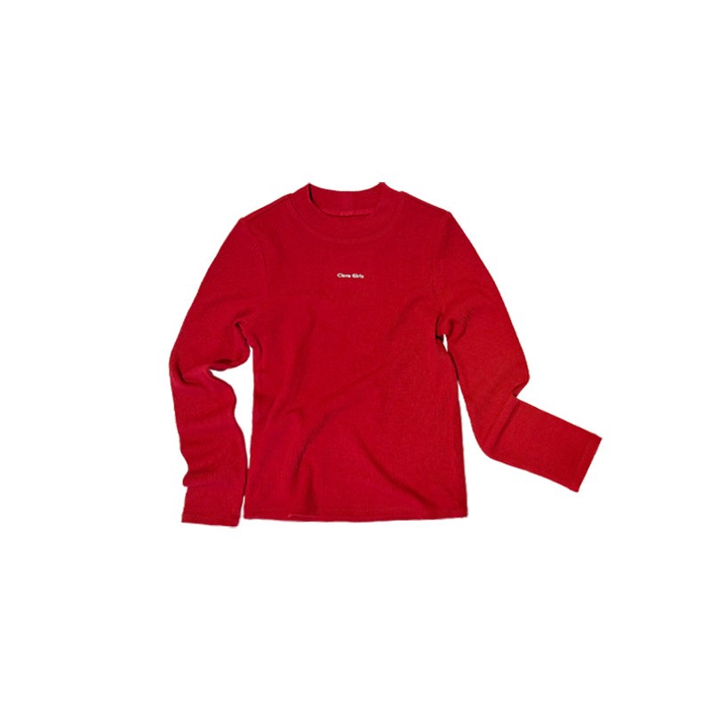 claragirls女童新年红色羊毛长袖T恤25秋冬儿童半高领打底上衣