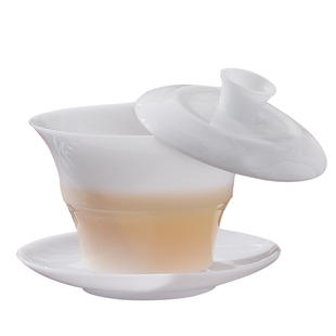 棉小城冰种竹节盖碗泡茶可悬停三才盖碗高端透光纯白色茶具易清洗