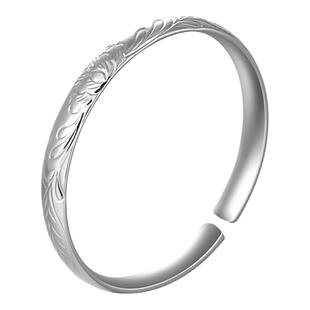 老银匠s999足银手镯牡丹花开口送妈妈纯银手镯女母亲节礼物银镯子