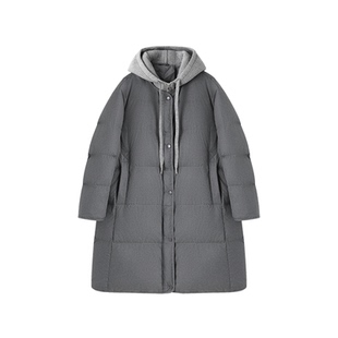 XWI欣未90白鸭绒格雷系针织拼接连帽羽绒服女冬防风保暖长款外套