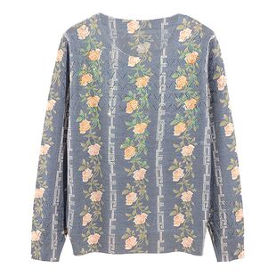 春款女装2026年新款印花针织衫圆领长袖镂空烫钻天丝羊毛上衣5669