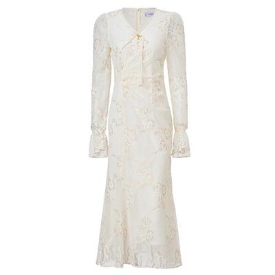 MAXRIENY浪漫复古连衣裙收腰刺绣蕾丝长裙订婚领证端庄小白裙女