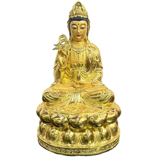贴金黄铜观音杨柳枝家用供奉佛像家居摆件黄铜菩萨观世音
