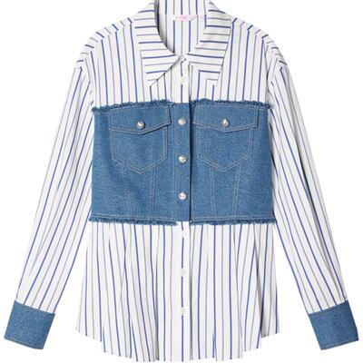 SALT.P可颜春学院风叛逆丹宁牛仔拼接条纹衬衫