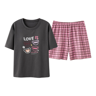 芬腾可安夏季新款女纯棉睡衣短袖短裤带胸垫卡通外穿家居服两件套