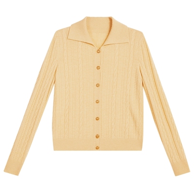 YINER音儿2025冬季新款鹅黄色翻领阿拉善羊绒羊毛混纺针织衫套头