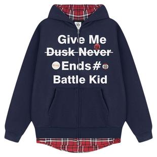 亿万少年BUFU美式复古假两件格子拼接连帽卫衣秋季国潮牌情侣外套