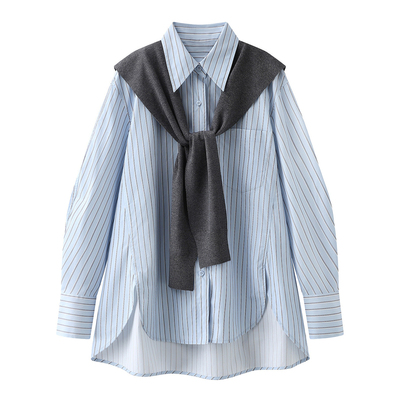 春季新款宽松条纹披肩长袖衬衫