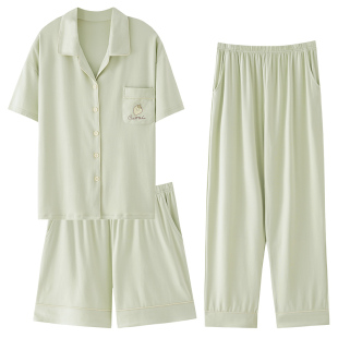 睡衣女款2026新款夏季莫代尔短袖长裤三件套女士大码绿家居服夏天