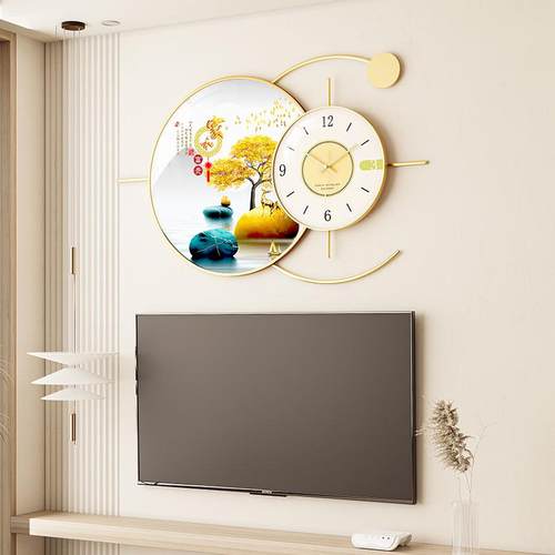 餐厅装饰画带钟表静音时钟电视背景墙客厅挂画现代轻奢饭厅壁画