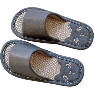 牛皮棉麻儿童一字型家居拖鞋夏季室内家用地板防滑凉拖鞋亲子款