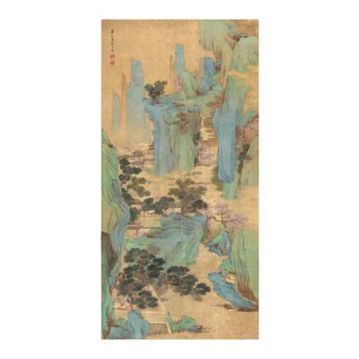 焕成文人听琴青绿宣纸挂轴山水画