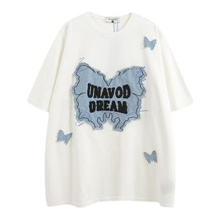 小柯xcok2025夏季新款宽松美式复古牛仔蝴蝶印花刺绣短袖半衫T恤