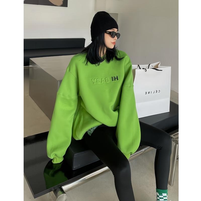 【专柜品质】无帽卫衣女款秋冬2025新款宽松加绒加厚圆领绿色上衣